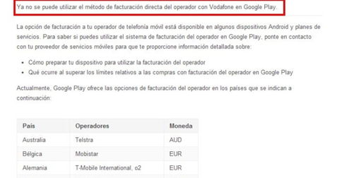 Vodafone elimina el pago a través de factura de Google Play en España y otros paises